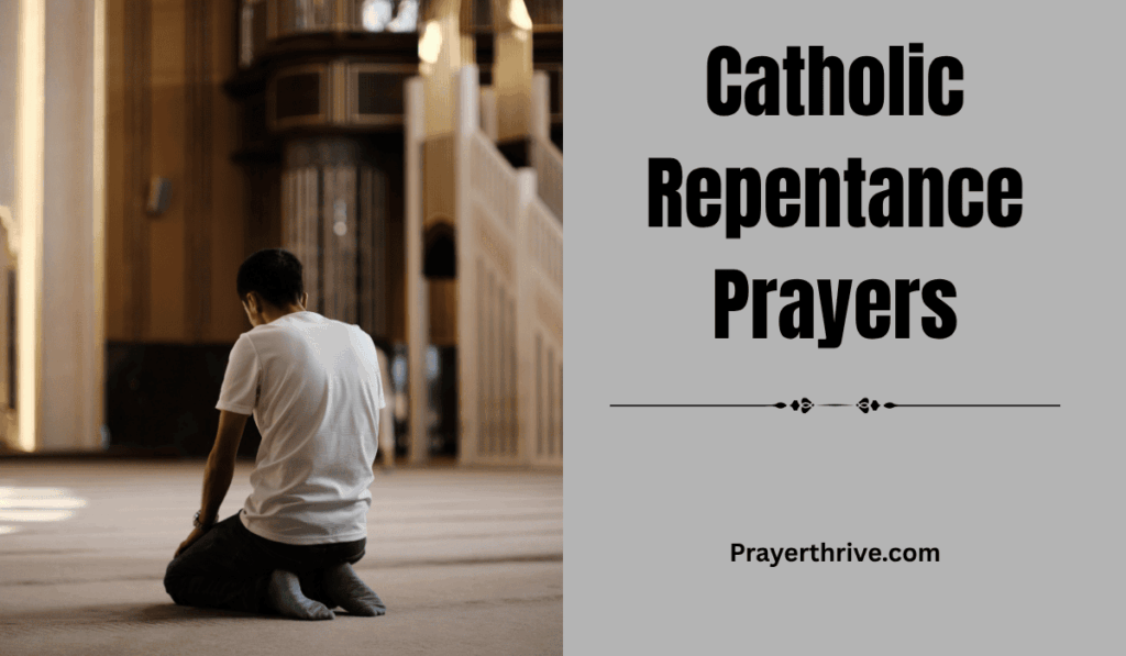 A humble believer kneeling before a softly lit crucifix in prayer, seeking forgiveness and renewal through Catholic Repentance Prayers.