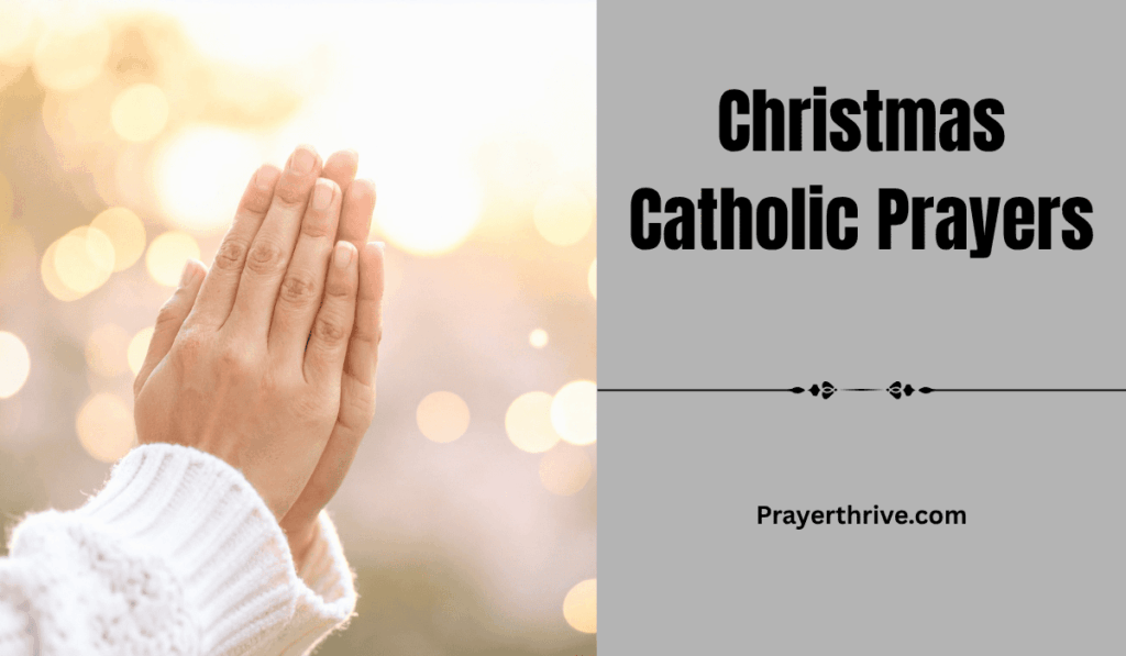 A serene scene of a woman praying by a lit Christmas tree, reflecting on the joy and hope of Christmas Catholic Prayers.