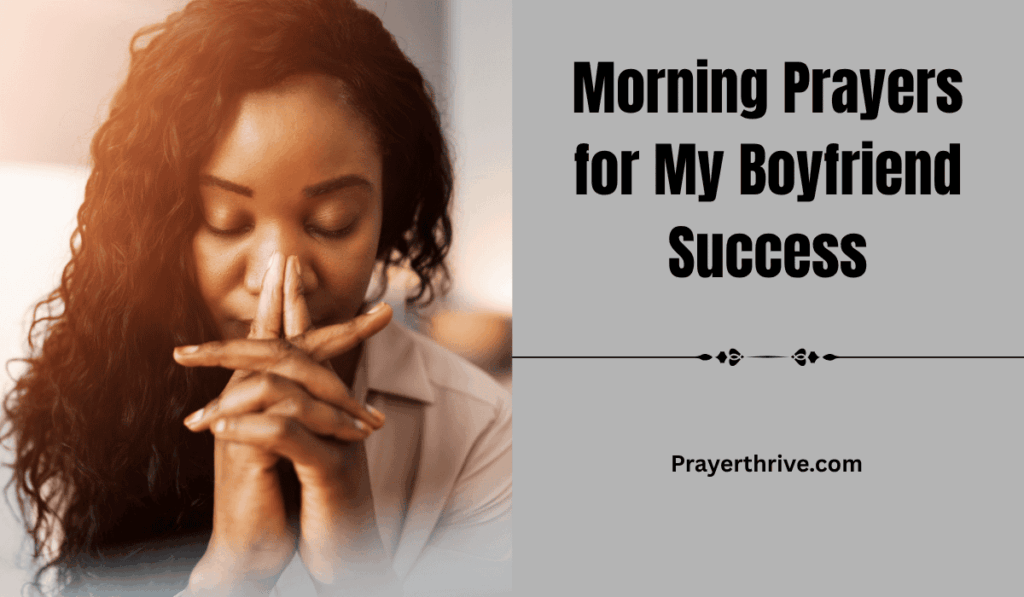 A young woman praying by her bedside as the morning sun shines through, offering heartfelt Morning Prayers for My Boyfriend Success and guidance for his day ahead.