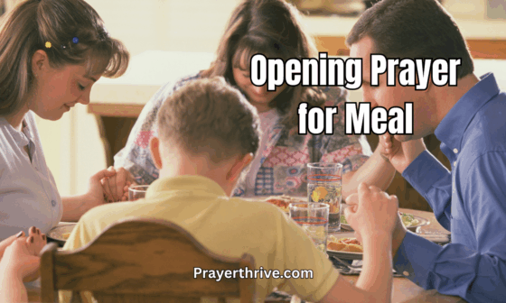 A family bowing their heads in gratitude before eating, sharing an intimate moment of faith during an opening prayer for meal.
