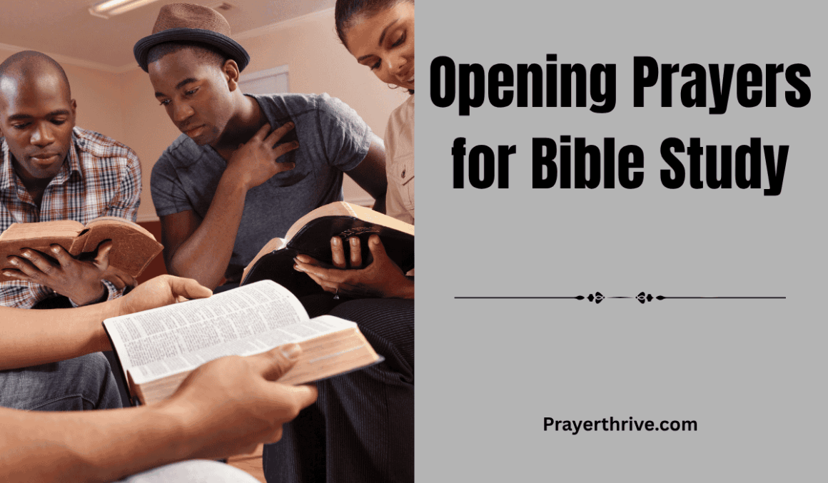 A small Bible study group sitting together with open Bibles and bowed heads in prayer, representing heartfelt opening prayers for bible study.