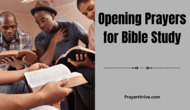 A small Bible study group sitting together with open Bibles and bowed heads in prayer, representing heartfelt opening prayers for bible study.
