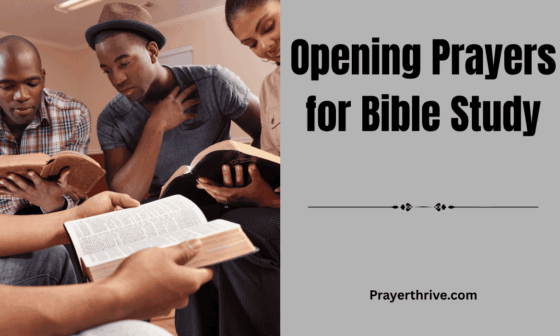 A small Bible study group sitting together with open Bibles and bowed heads in prayer, representing heartfelt opening prayers for bible study.