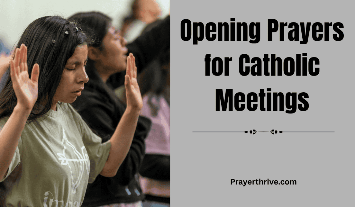 A group of Catholics bowing their heads in prayer before a church meeting, seeking guidance from the Holy Spirit through heartfelt opening prayers for catholic meetings.