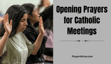 A group of Catholics bowing their heads in prayer before a church meeting, seeking guidance from the Holy Spirit through heartfelt opening prayers for catholic meetings.