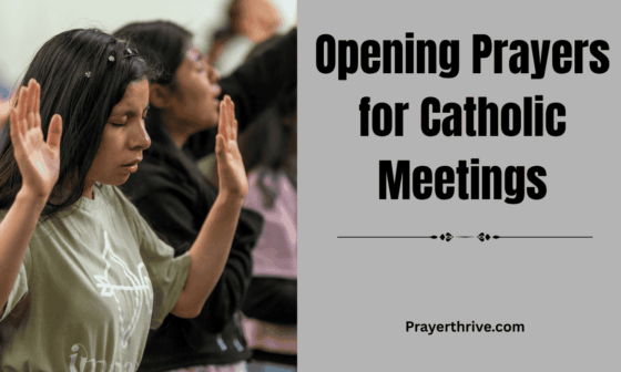 A group of Catholics bowing their heads in prayer before a church meeting, seeking guidance from the Holy Spirit through heartfelt opening prayers for catholic meetings.
