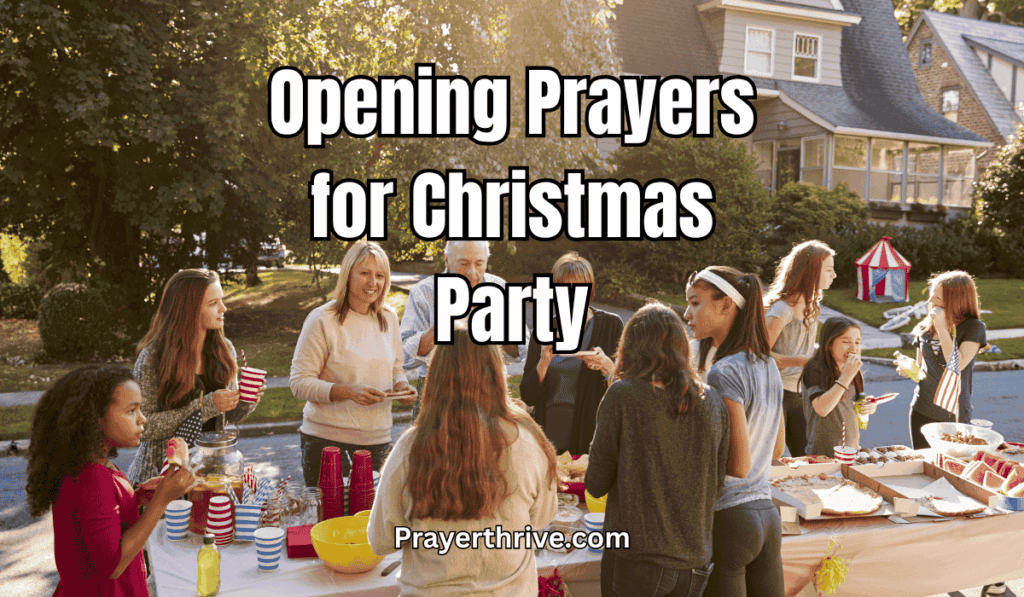 A family and friends gathered around a decorated Christmas table, heads bowed in heartfelt prayer, reflecting the warmth of opening prayers for Christmas party.
