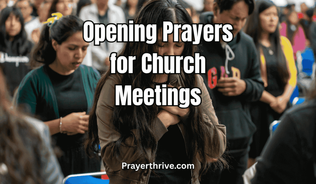 A small group of believers bow their heads in unity during opening prayers for church meetings, inviting the Holy Spirit’s presence to lead their time together.