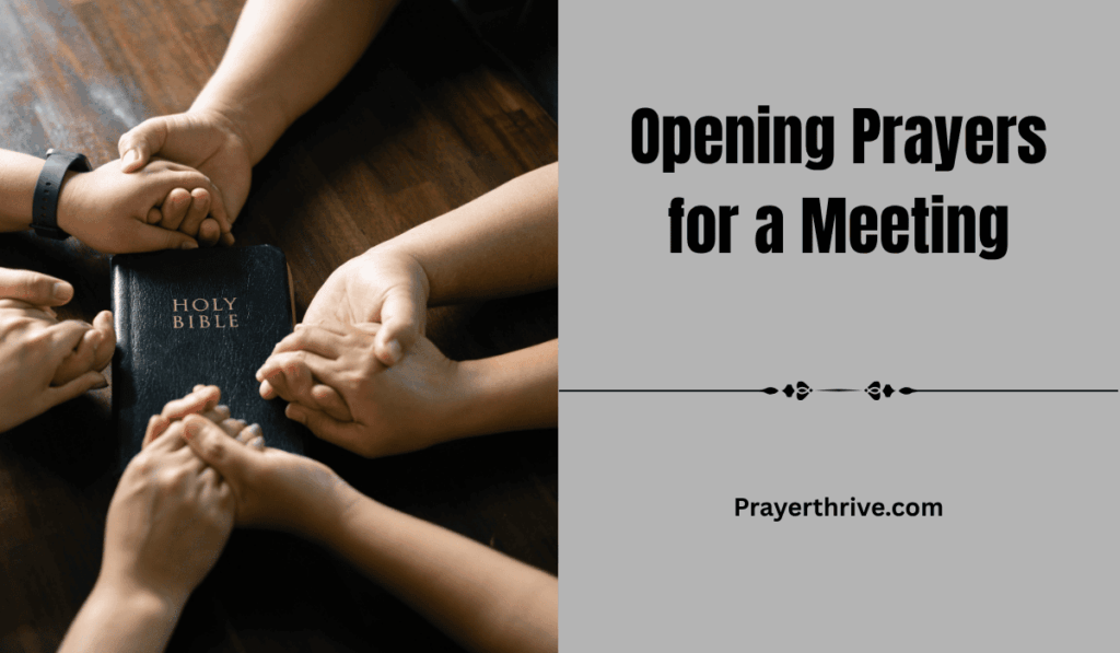 A small group gathered in a bright room, heads bowed and hands joined as they begin with heartfelt opening prayers for a meeting, seeking unity and guidance from God.
