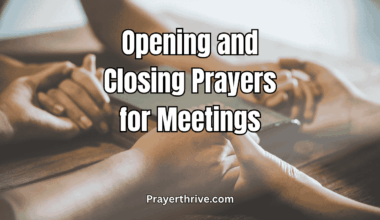 A small group holding hands in prayer before a meeting, symbolizing unity, faith, and purpose — representing opening and closing prayers for meetings.
