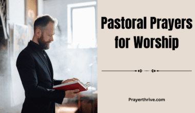 A pastor leading a congregation in heartfelt prayer during worship, with hands lifted in reverence, reflecting pastoral prayers for worship.