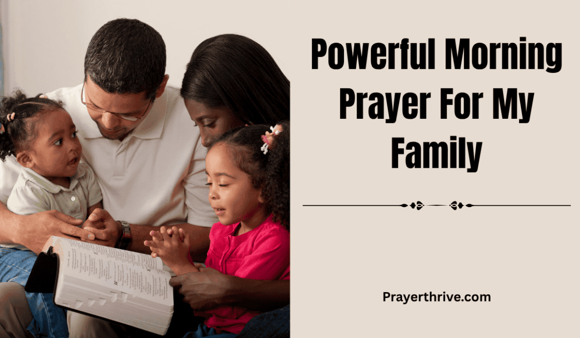 A family gathered in prayer at sunrise, holding hands and bowing their heads together — a beautiful picture of a powerful morning prayer for my family.