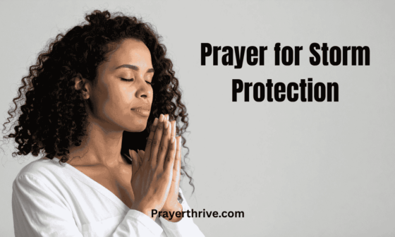 A woman stands near a window, hands clasped in prayer for storm protection as rain pours and lightning flashes outside — a peaceful reminder of faith through the storm.