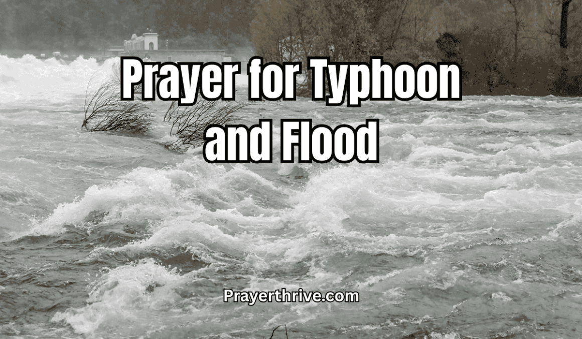 A gentle image of storm clouds parting to reveal light over a flooded landscape, symbolizing hope in prayer for typhoon and flood.