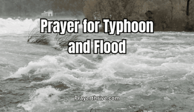 A gentle image of storm clouds parting to reveal light over a flooded landscape, symbolizing hope in prayer for typhoon and flood.
