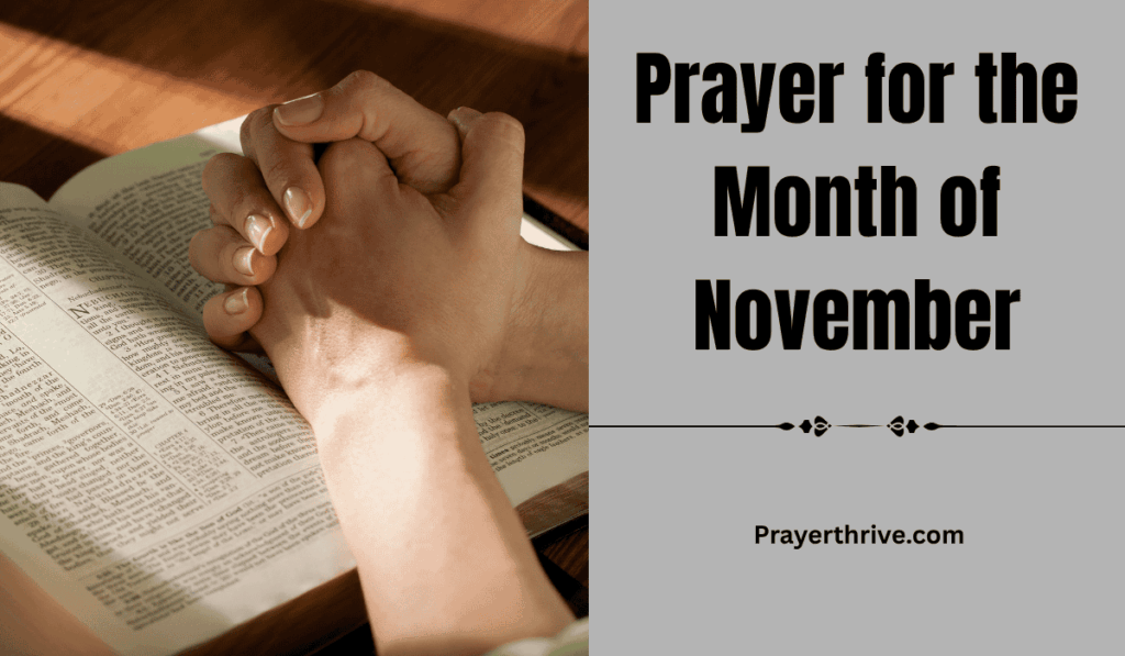 A serene November morning with golden leaves scattered across a quiet path, symbolizing reflection, gratitude, and renewal through prayer for the month of November.