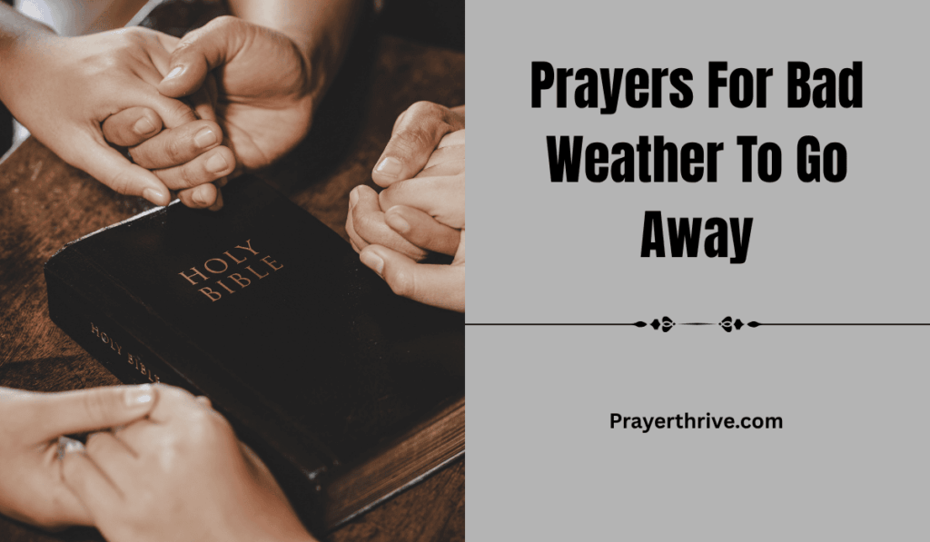 A family gathered by the window, holding hands in prayer as storm clouds pass, whispering prayers for bad weather to go away with hope and faith.