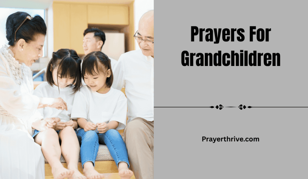 A loving grandmother sitting with her grandchildren on the porch, holding their hands in prayer, sharing heartfelt prayers for grandchildren with faith and joy.