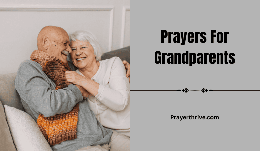 A loving elderly couple sitting together, hands joined in prayer as sunlight gently shines through the window—an image that beautifully captures the warmth of Prayers For Grandparents.