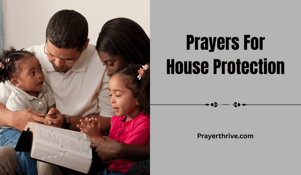 A cozy home bathed in warm sunlight, with a family praying together for safety. Focused on Prayers For House Protection.