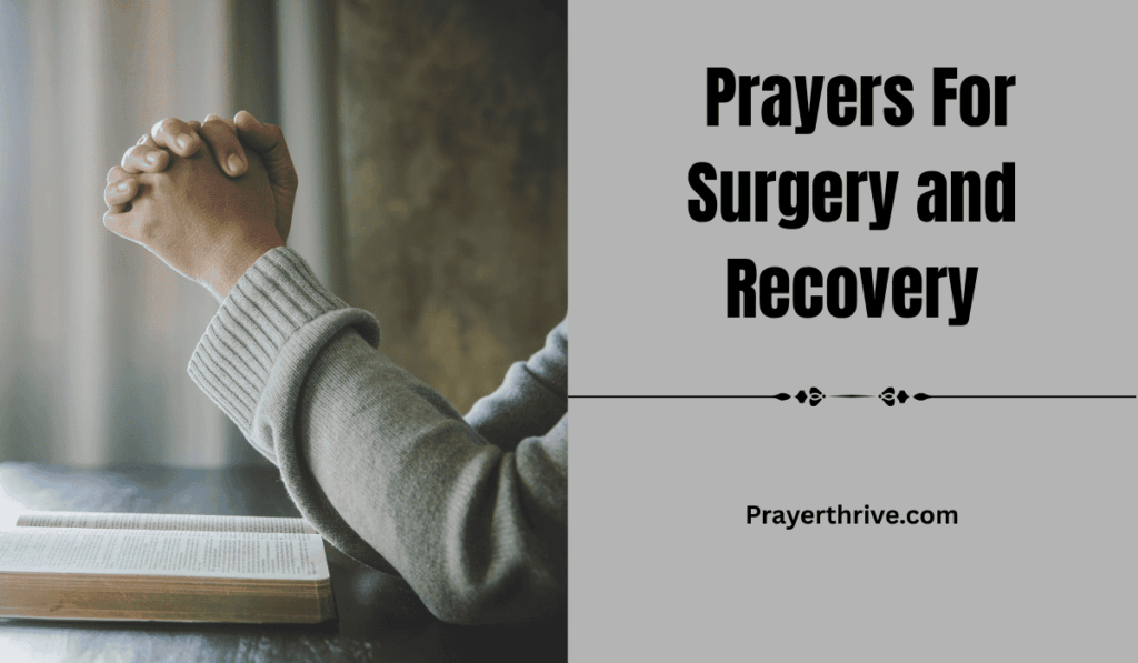 A person praying with hands clasped beside a hospital bed, symbolizing hope and comfort through Prayers For Surgery and Recovery.