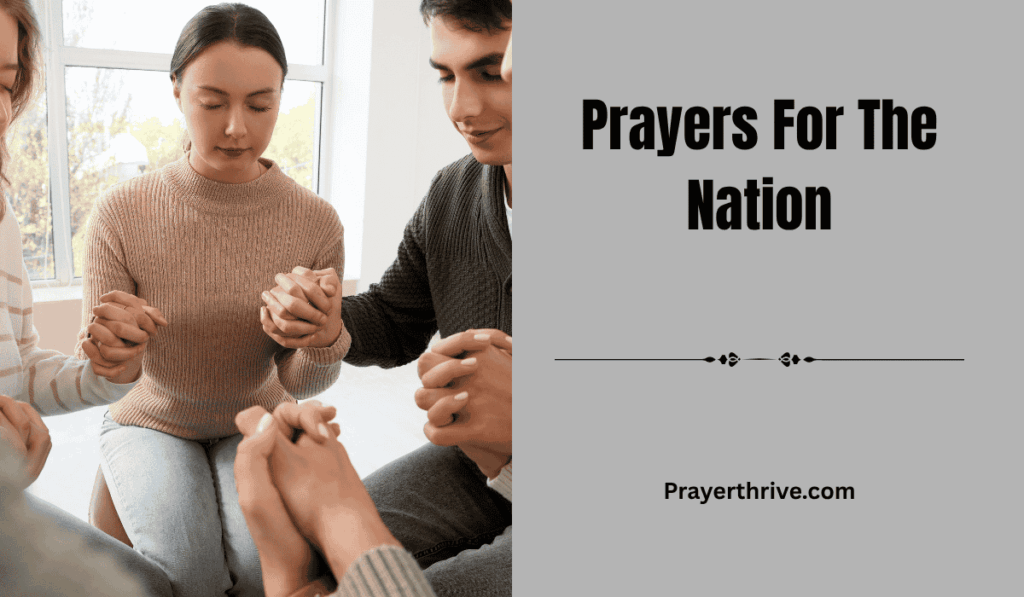 A group of people praying together with heads bowed in unity, reflecting heartfelt Prayers For The Nation.