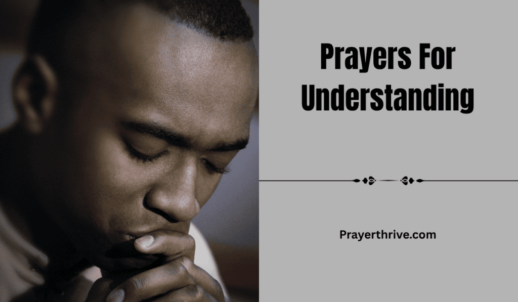 A peaceful person sitting by an open Bible with hands lifted in prayer, seeking God’s guidance and clarity through prayers for understanding.