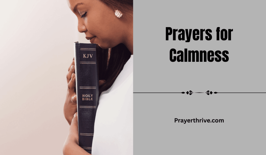 A woman sitting quietly by her window with her Bible open, her hands folded in prayer, seeking peace through prayers for calmness.