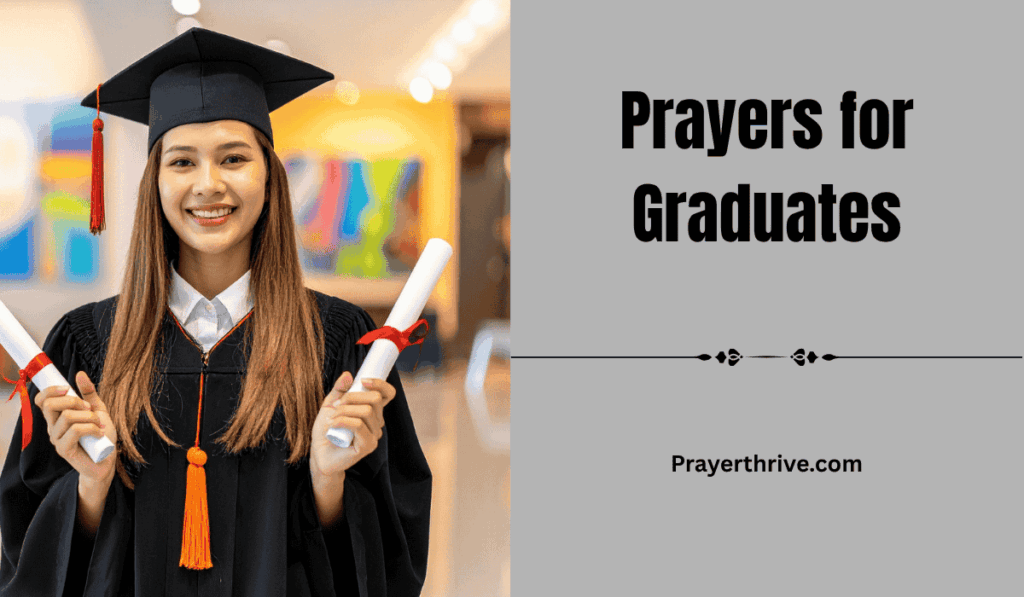 A joyful graduate holding their diploma, surrounded by friends and family, celebrating success with faith-filled prayers for graduates.