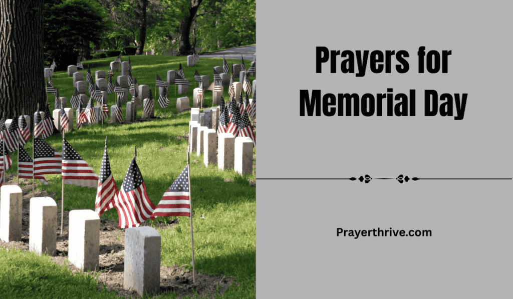 A peaceful cemetery with American flags marking each grave, symbolizing honor and remembrance. The image reflects the spirit of Prayers for Memorial Day.