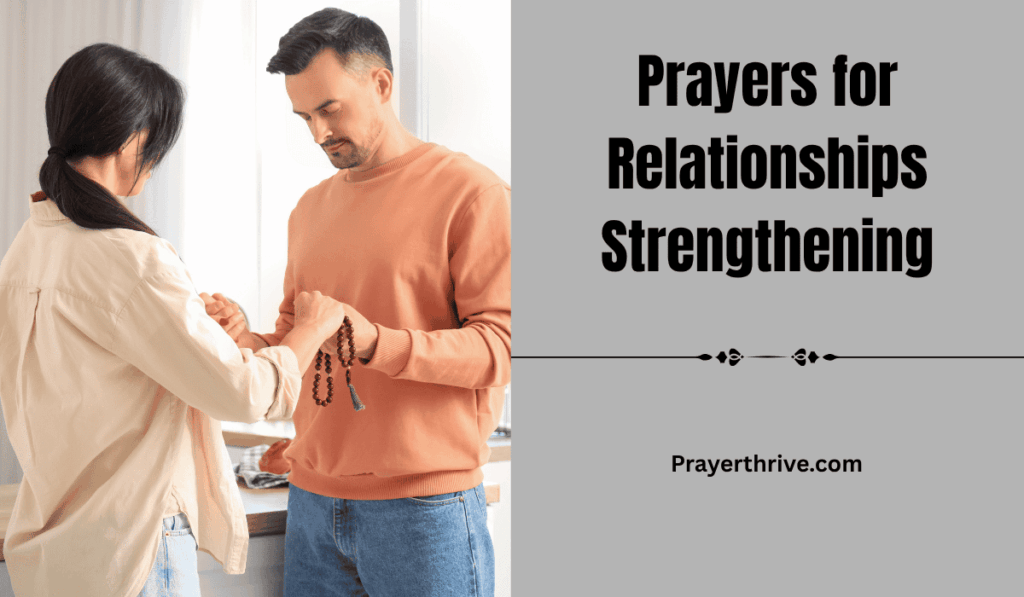 A couple holding hands in prayer as sunlight filters through a window, symbolizing unity, faith, and the power of prayers for relationships strengthening.
