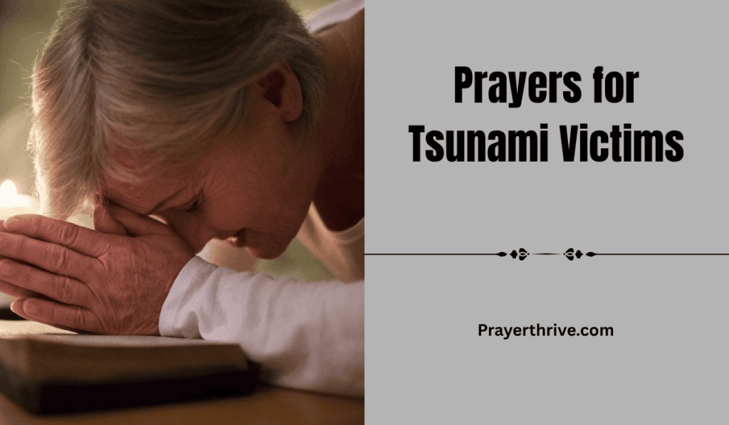 A woman kneeling in her room with her hands clasped, offering heartfelt prayers for tsunami victims and their families as the gentle glow of dawn filters through the window.