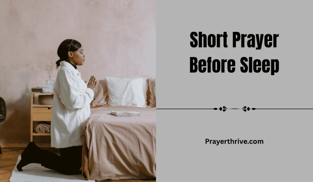 A peaceful woman kneeling beside her bed in the soft glow of a bedside lamp, whispering short prayers before sleep with gratitude and calm.
