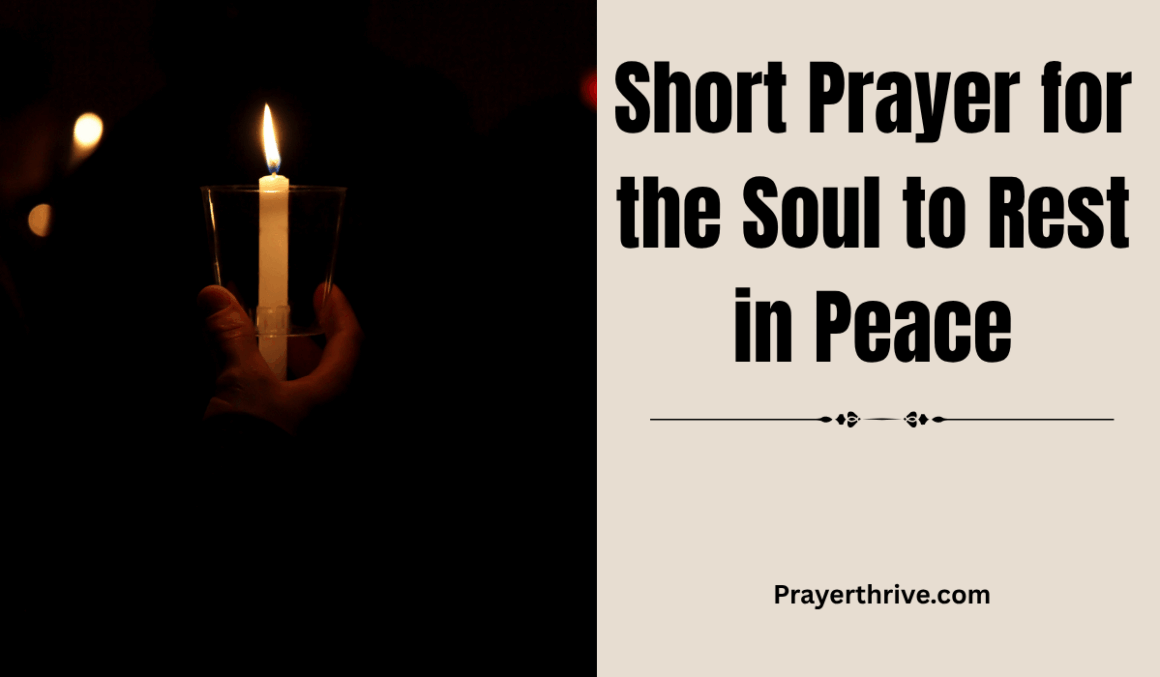 A peaceful candlelight vigil with hands clasped in prayer, reflecting a short prayer for the soul to rest in peace.