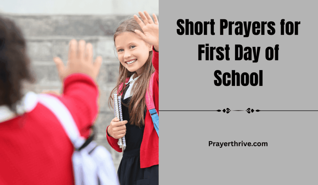 A child holds a backpack and smiles before heading to class, while a parent whispers a blessing — a tender moment captured around Short Prayers for First Day of School.