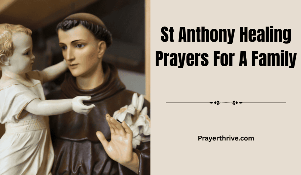 A serene image of a family gathered in prayer before a statue of Saint Anthony, symbolizing unity, peace, and the power of St Anthony Healing Prayers for a family.