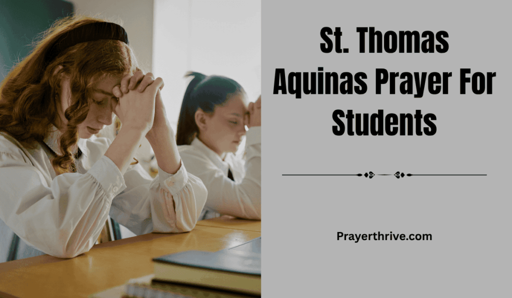 A student kneeling in quiet reflection before a crucifix, praying with an open book nearby — a peaceful moment inspired by the St. Thomas Aquinas Prayer For Students.