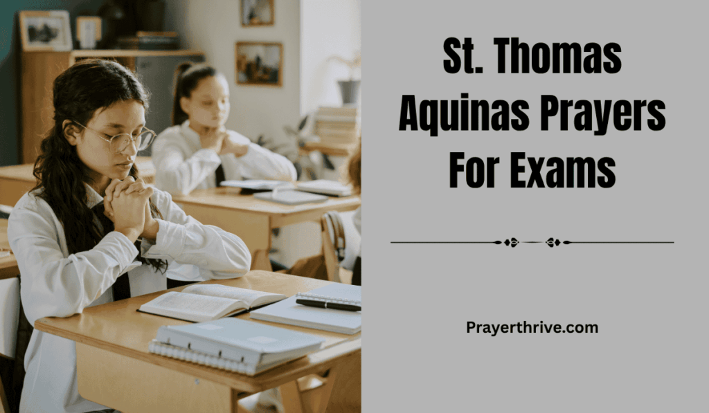 A student kneeling in prayer with an open Bible, reflecting on St. Thomas Aquinas Prayers For Exams.