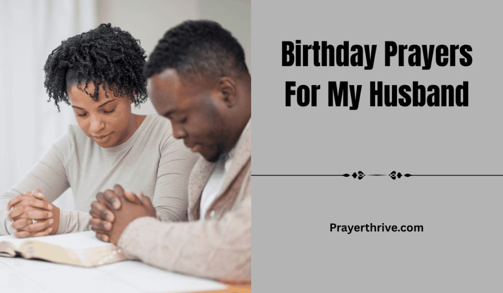 A joyful Christian wife praying and smiling beside her husband on his birthday, expressing Birthday Prayers For My Husband with love and gratitude.