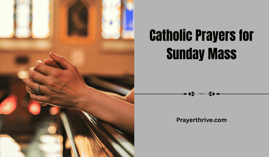 A person sitting quietly in church, hands folded in prayer, preparing their heart with Catholic Prayers for Sunday Mass.