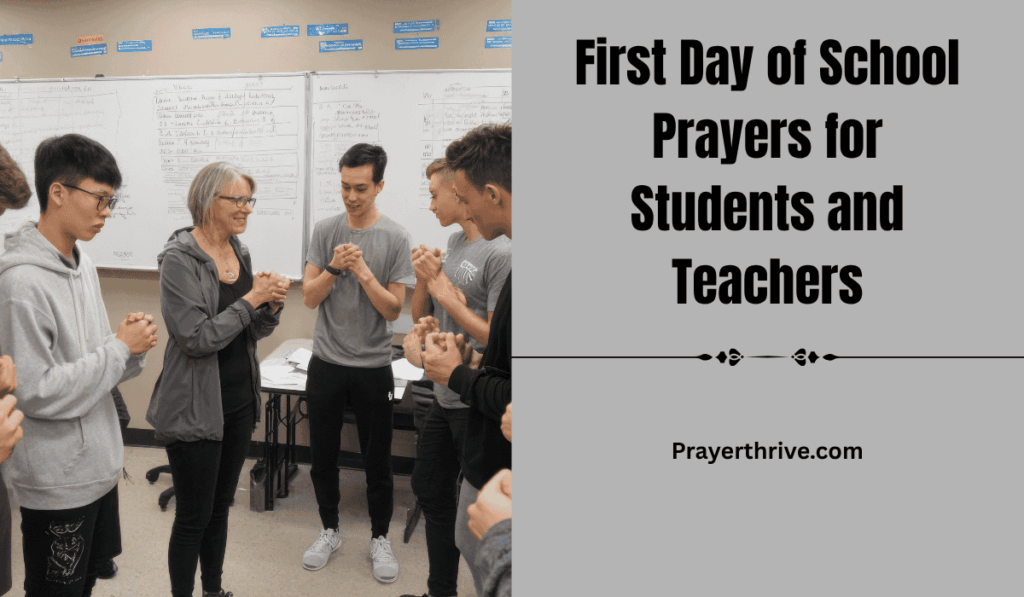 A serene classroom scene with students and teachers praying together, capturing the spirit of First Day of School Prayers for Students and Teachers.