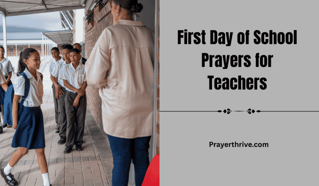 A teacher standing at a classroom doorway, smiling warmly, preparing to pray over the first day of school, embodying the spirit of First Day of School Prayers for Teachers.