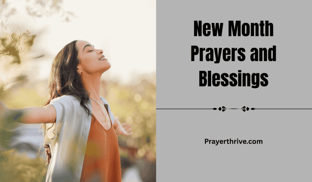A peaceful sunrise over calm waters with a person praying in gratitude, representing hope, renewal, and New Month Prayers and Blessings.