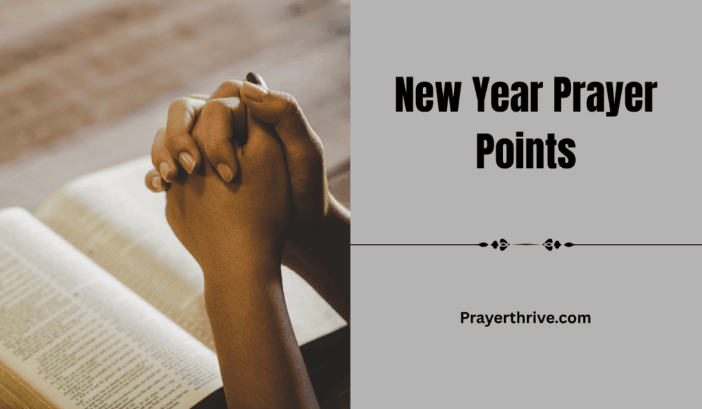 A serene sunrise symbolizes new beginnings and hope, with a person kneeling in prayer with hands folded in faith, reflecting the spirit of New Year Prayer Points.