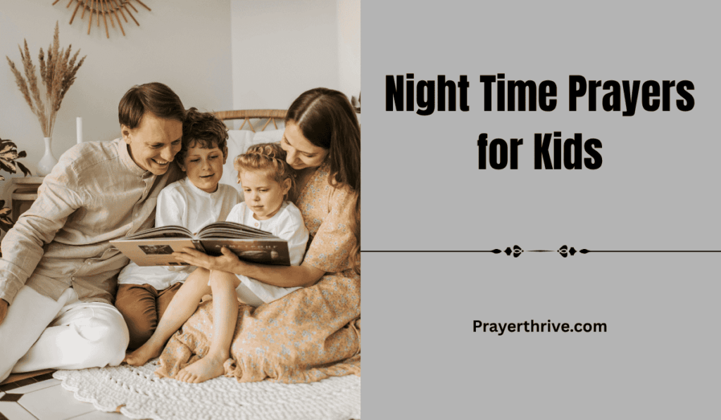 A loving parent kneeling beside their child’s bed, helping them say their night time prayers for kids before sleep.