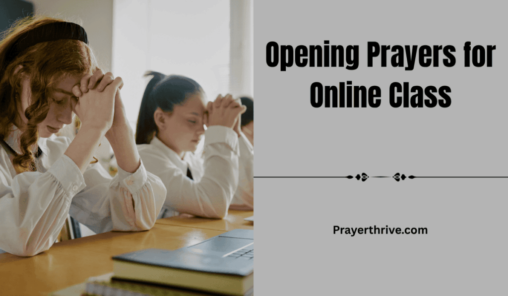 A student sitting at a desk with a laptop, hands folded in prayer, reflecting on Opening Prayers for Online Class.