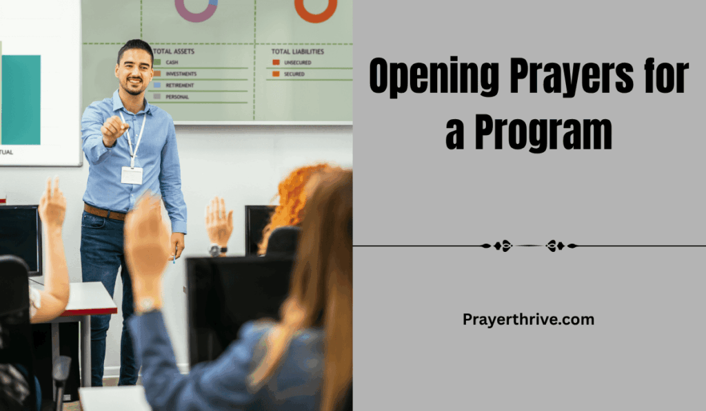 A group of people bowing their heads together as someone leads Opening Prayers for a Program, inviting God’s presence and guidance into the event.