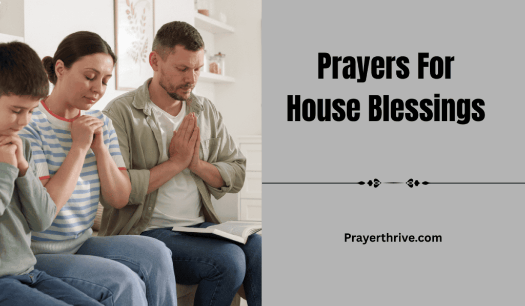 A family praying together in their living room, giving thanks to God as they dedicate their new home, representing heartfelt prayers for house blessings.