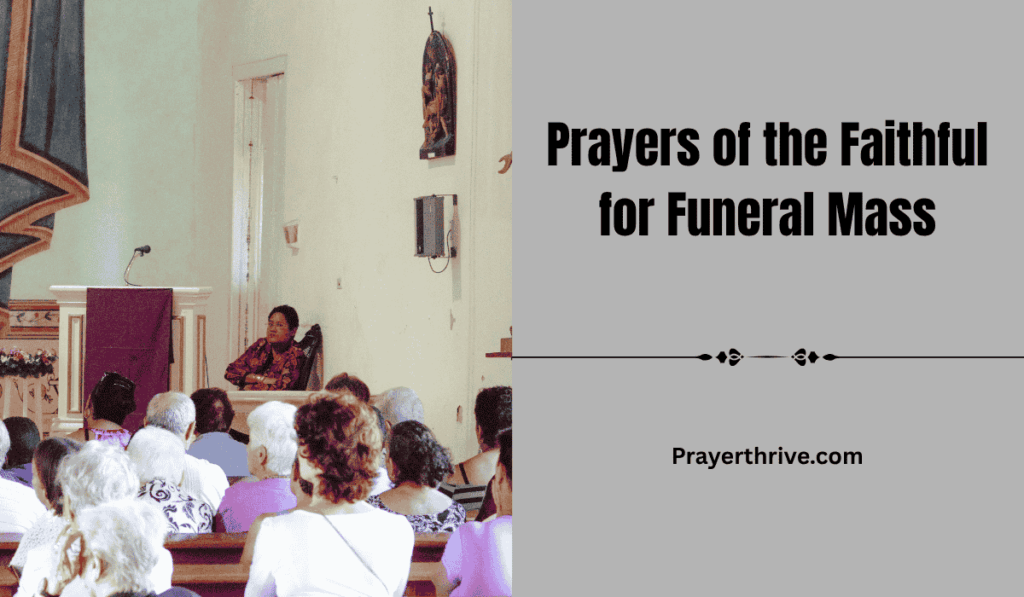 A quiet church setting with soft light where a family gathers, offering Prayers of the Faithful for Funeral Mass.